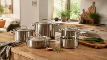 Grytesett i rustfritt stål på en moderne kjøkkenbenk