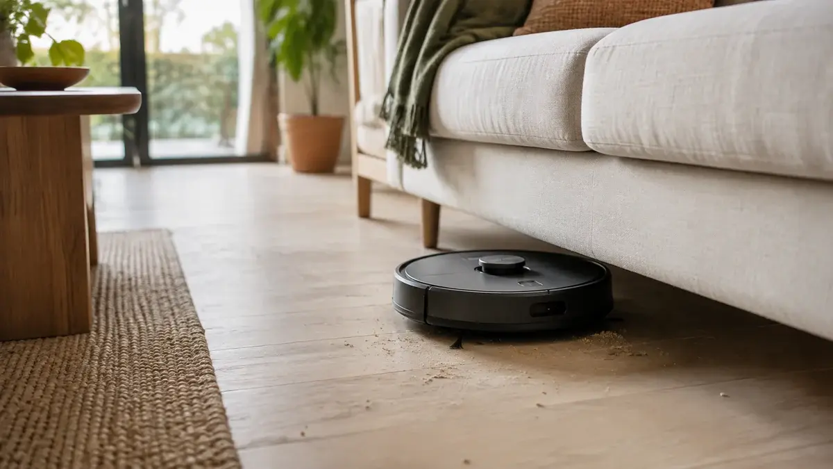 Robotstøvsuger som rengjør gulv i en moderne norsk stue